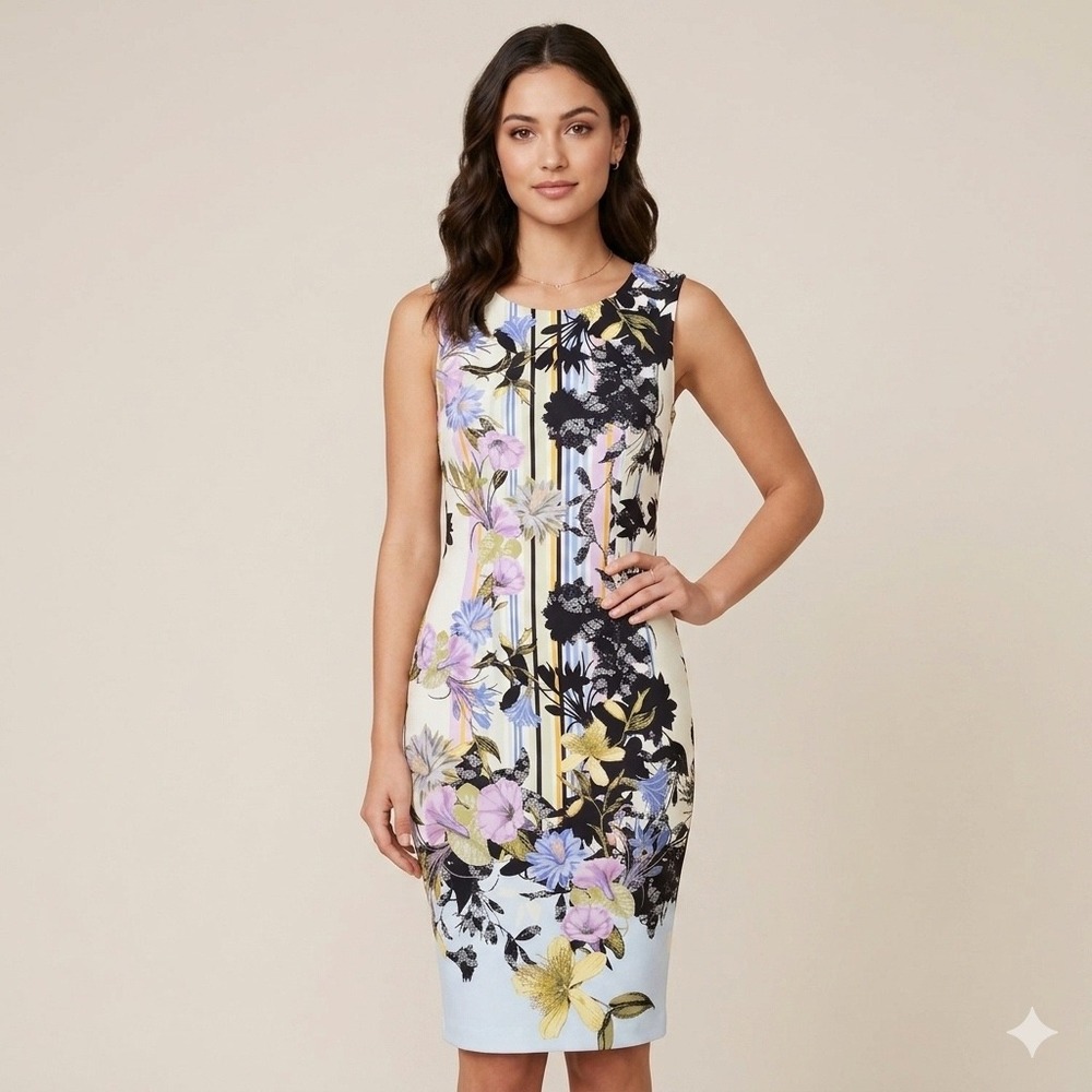 Julian Taylor Sheath Dress Womens 8 Blue Floral Stripe Sleeveless Garden Party